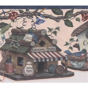 Retro Art Wallpaper Border - 15' x 9" - Birdhouse Village -Multicolour