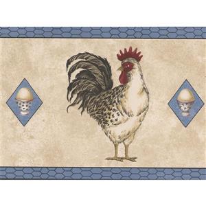 Retro Art Wallpaper Border - 15' x 7" - Roosters and Eggs - Beige
