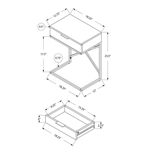 Table d'appoint, 12,75 po x 23,5 po, gris