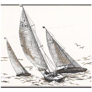 York Wallcoverings Prepasted Sail boats in Sea Sketch Wallpaper - Ivory