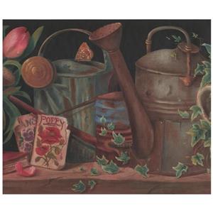 York Wallcoverings Watering Can and Tulips in Pot Wallpaper - Pink/Green