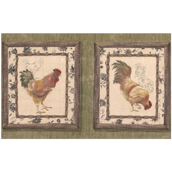 Retro Art Roosters On Vintage Plaques Wallpaper Border Green Rona