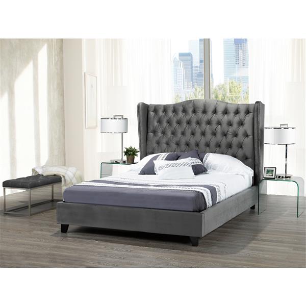 Brassex Queen Platform Bed Frame - 90" - Velvet - Gray