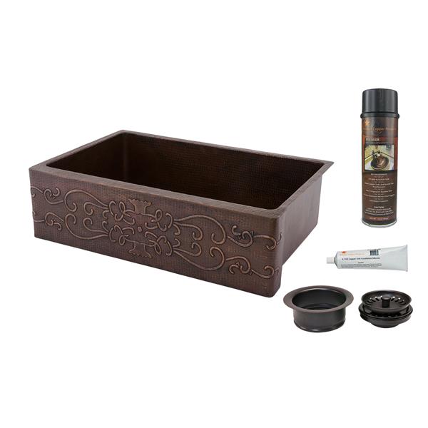 Premier Copper Products Copper Kitchen Sink with Drain and Accessories - 33-in