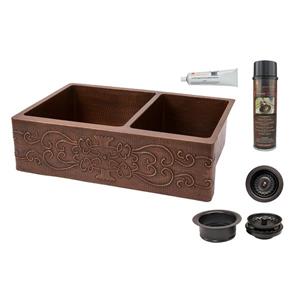 Premier Copper Products Copper Kitchen Sink with Drain - 33-in