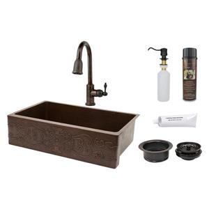Premier Copper Products Copper Kitchen Sink with Faucet and Drain - 35-in