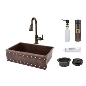 Premier Copper Products Copper Kitchen Sink with Faucet & Drain - 33-in