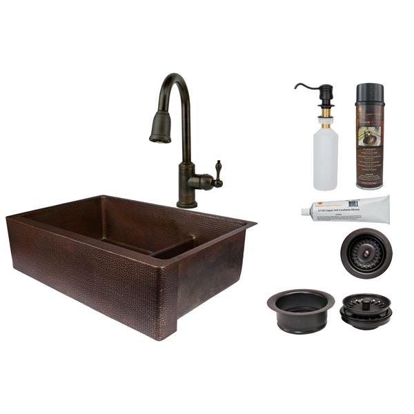 Premier Copper Products Copper Sink with Faucet and Drain - 33-in