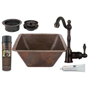 Premier Copper Products Square Copper Sink with Faucet and Disposal Drain - 17-in