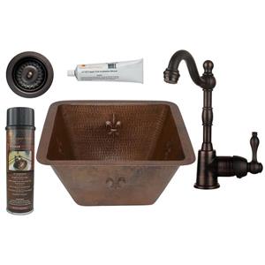 Premier Copper Products Fleur De Lis Copper Sink with Faucet and Drain - 15-in