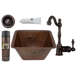 Premier Copper Products Square Copper Sink with Faucet and Drain - 15-in
