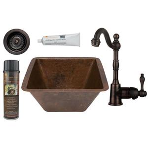 Premier Copper Products Square Copper Sink with Faucet and Drain - 15-in