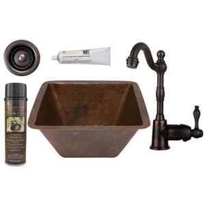 Premier Copper Products Square Copper Sink with Faucet and Drain - 15-in