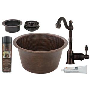 Premier Copper Products Round Copper Sink with Faucet and Drain - 17-in