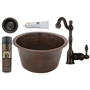 Premier Copper Products Round Copper Sink with Faucet and Drain - 17-in