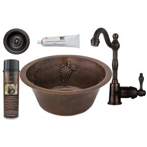 Premier Copper Products Round Copper Sink with Faucet and Drain - 16-in