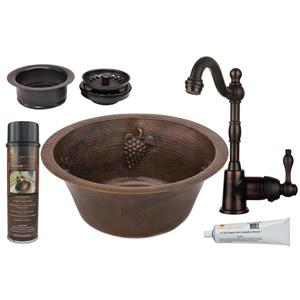Premier Copper Products Round Copper Sink with Faucet and Drain - 16-in