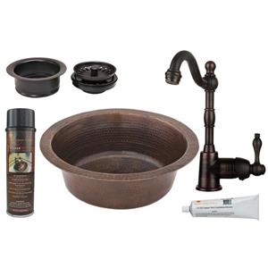 Premier Copper Products Round Copper Sink with Faucet and Drain - 14-in