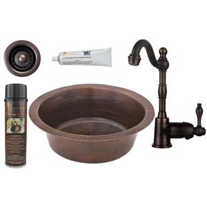 Premier Copper Products Round Copper Sink with Faucet and Drain - 14-in