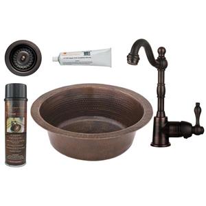 Premier Copper Products Round Copper Sink with Faucet and Drain - 14-in