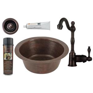 Premier Copper Products Round Copper Sink with Faucet and Drain - 12-in