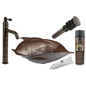 Évier en forme de poisson avec robinet et drain, cuivre