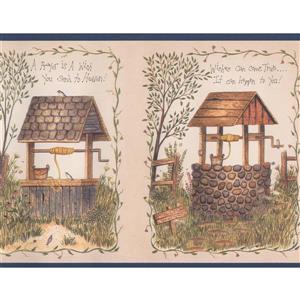 Chesapeake Brick and Wooden Water Wells Wallpaper - Blue/Beige