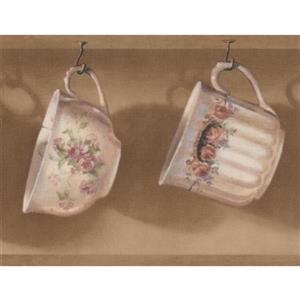 Retro Art Cups Hanging on Kitchen Hooks Wallpaper - Brown/White