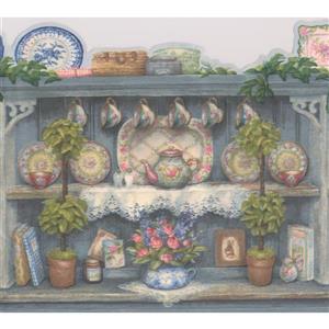 Retro Art Vintage Kitchen Cabinets with Plates Wallpaper - Blue