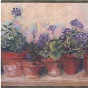 Chesapeake Flowers in Pots on Bench Wallpaper Border - Beige/Violet