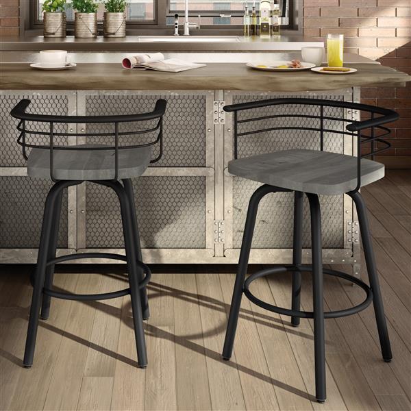 Tabouret de bar pivotant Brisk 29 po, bois usé gris, métal noir