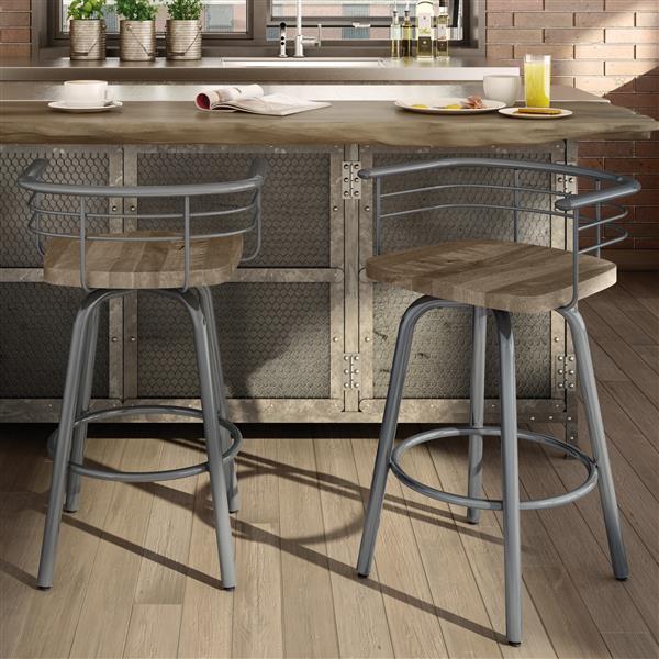 Amisco Brisk 25-in Swivel Counter Stool - Beige Distressed Wood - Glossy Grey Metal
