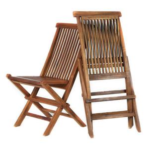 All Things Cedar Teak Folding Chair (2) - Blue Cushions