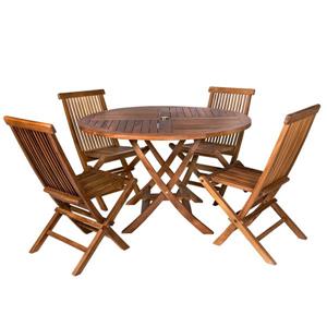 All Things Cedar 5-Pc Teck Round Folding Set with Blue Cushions