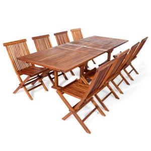 All Things Cedar 8 Teak Extension Folding Chair Set and 1 Table-White Cushion