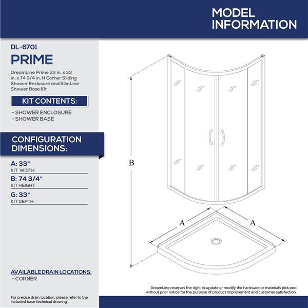 DreamLine Prime 33-in White Acrylic Shower Base Kit