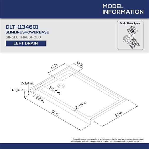 DreamLine SlimLine 34-in x 60-in White Acrylic Shower Base