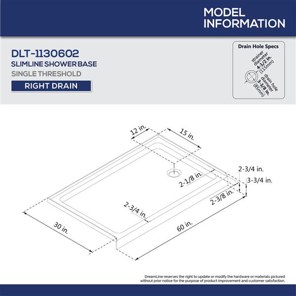 SlimLine 30 x 60 x 2 3/4 Right Drain Single Threshold Shower Base in White