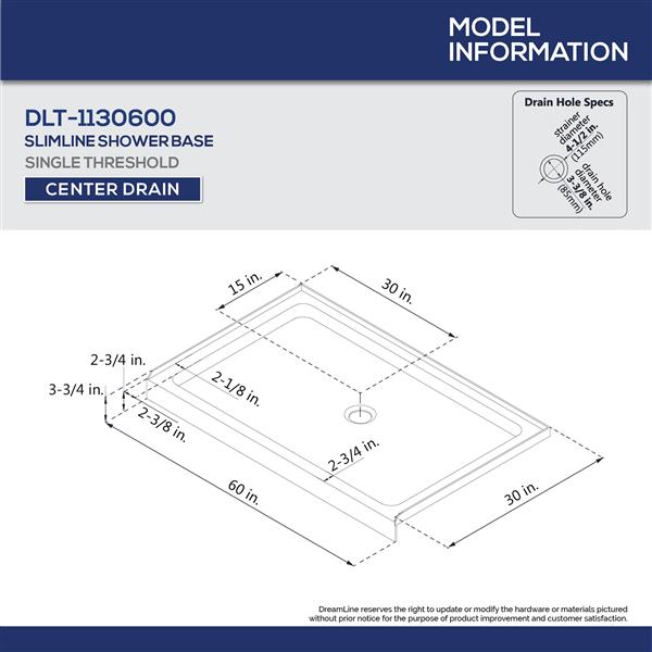 Base de douche SlimLine par DreamLine 30 po x 60 po x 2,75 po acrylique blanc