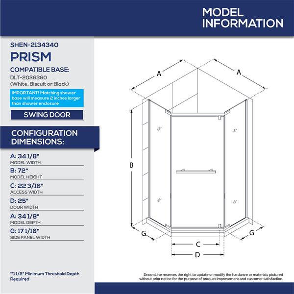 Porte de douche pivotante Prism par DreamLine 34,13 po x 72 po chrome