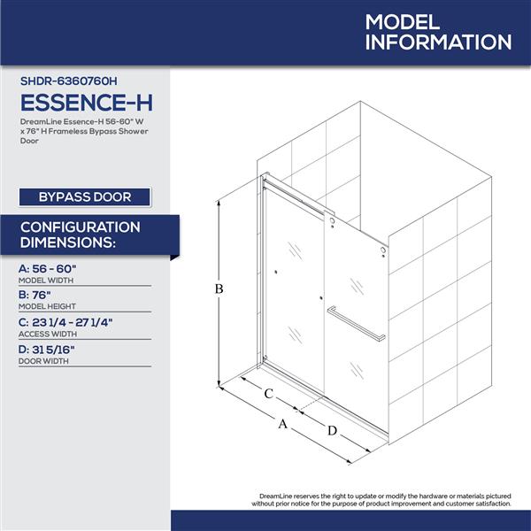 Porte de douche coulissante Essence-H par DreamLine 60 po x 76 po nickel