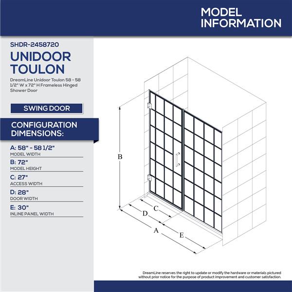 DreamLine Unidoor Toulon 58.5-in x 72-in -Black Shower Door