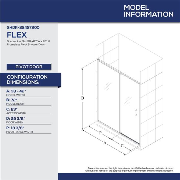 DreamLine Flex 42-in x 72-in Chrome Pivot Shower Door