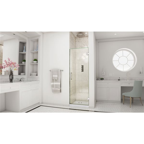 Unidoor 30 x 72 Frameless Hinged Pivot Shower Door in Chrome with 10mm Tempered Glass