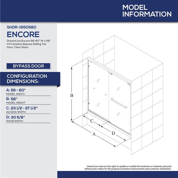 DreamLine Encore 56-60 po W Porte de baignoire - Nickel