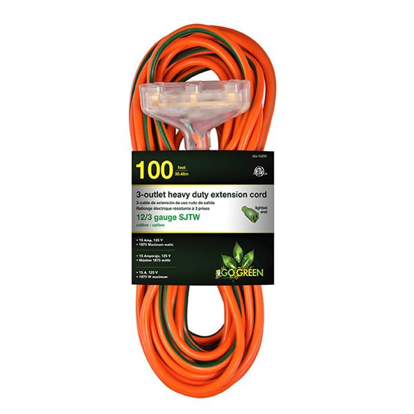 GoGreen Power, 12/3 100' 3-Outlet Heavy Duty Extension Cord, GG-15200