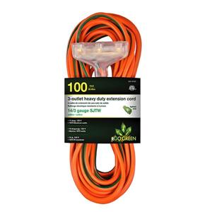 GoGreen Power 3-Outlet Heavy Duty Extension Cord - 14/3 - 100-ft - Orange