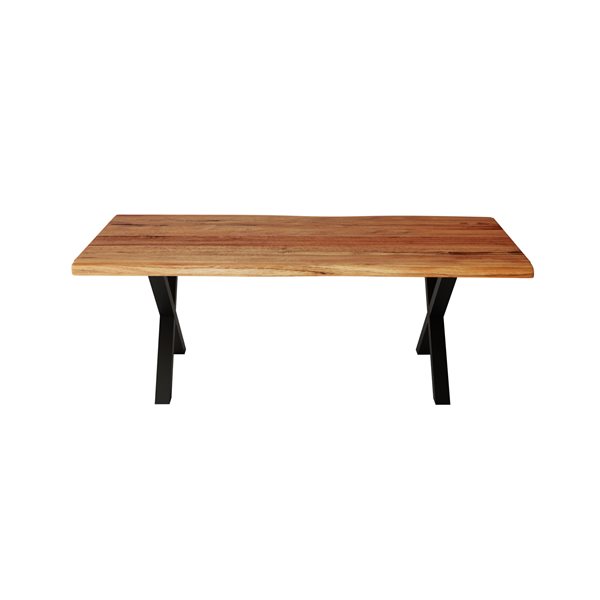 Table en bois d'Acacia avec piètement en X noir, 84 po