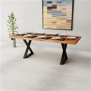 Table en bois d'Acacia avec piètement en X noir, 84"