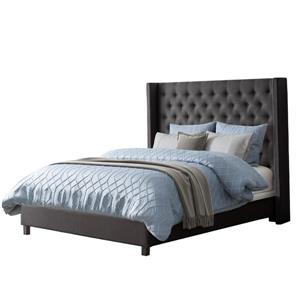 CorLiving King Size Upholstered Tufted Fabric Bed with Wings - Dark Grey